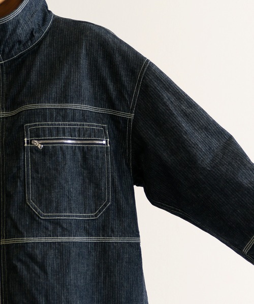 KIIT(キート)の「KIIT キート / ヘリンボーンデニムジャケット カバーオール 2WAY 配色ステッチ スタンドカラー ドロップショルダー ワイド ボックス ビッグシルエット / KIK-Y98B-003(デニムジャケット・メンズ・インディゴブルー・1/2/3)」の11枚目の写真