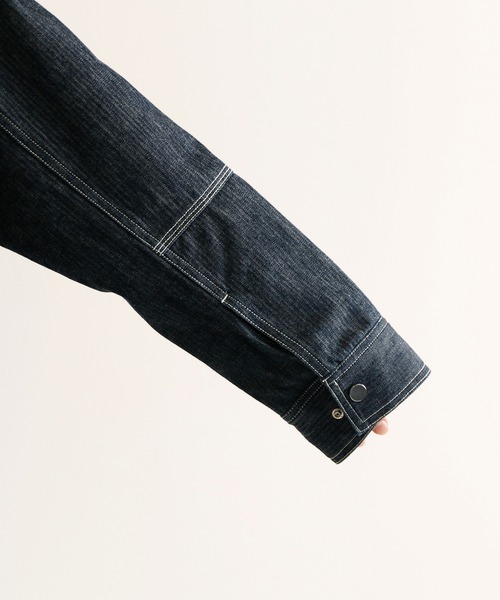 KIIT(キート)の「KIIT キート / ヘリンボーンデニムジャケット カバーオール 2WAY 配色ステッチ スタンドカラー ドロップショルダー ワイド ボックス ビッグシルエット / KIK-Y98B-003(デニムジャケット・メンズ・インディゴブルー・1/2/3)」の13枚目の写真