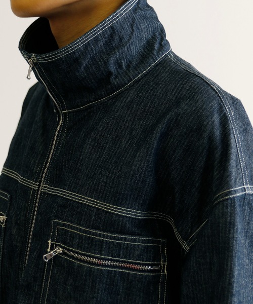 KIIT(キート)の「KIIT キート / ヘリンボーンデニムジャケット カバーオール 2WAY 配色ステッチ スタンドカラー ドロップショルダー ワイド ボックス ビッグシルエット / KIK-Y98B-003(デニムジャケット・メンズ・インディゴブルー・1/2/3)」の15枚目の写真