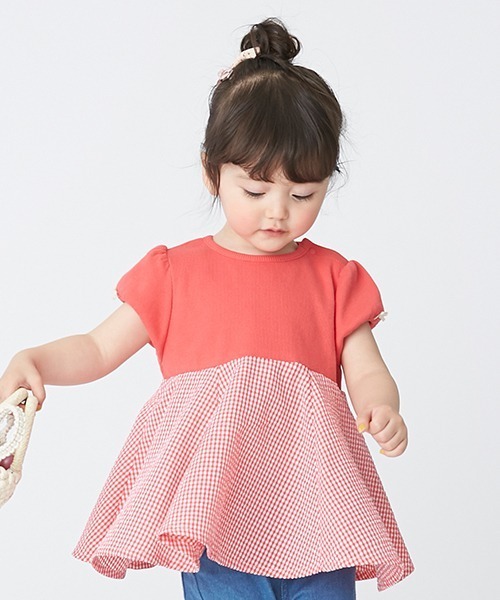 petit main（プティマイン）の「総柄ドッキングペプラムTシャツ（Tシャツ/カットソー・キッズ・オフホワイト/レッド/パープル/ブラック/ベージュ・80ｃｍ/90cm/100cm/110cm/120cm/130cm）」の5枚目の写真