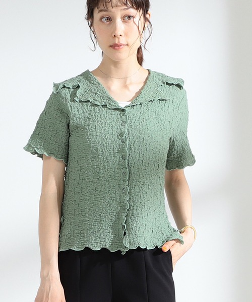 Ray BEAMS（レイビームス）の「Ray BEAMS / シャーリング オープンカラー シャツ（シャツ/ブラウス・レディース・オフホワイト/グリーン/ブラック・ONE SIZE）」の3枚目の写真