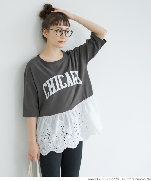 coca(coca)(コカ)の「レース切り替えロゴT(Tシャツ/カットソー・レディース・チャコールグレー/ホワイト・M/L)」の3枚目の写真