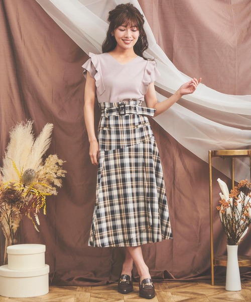 NOELA（ノエラ）の「ベルト付チェックスカート（スカート・レディース・オフホワイト/ベージュ/ブラウン・S/M）」の4枚目の写真