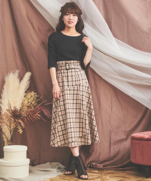 NOELA（ノエラ）の「ベルト付チェックスカート（スカート・レディース・オフホワイト/ベージュ/ブラウン・S/M）」の9枚目の写真