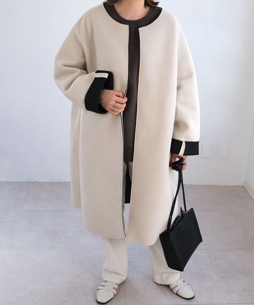 ANDJ(アンドジェイ)の「ビッグシルエットボンディングコート(ノーカラーコート・レディース・ベージュ系その他/ブラック・M)」の11枚目の写真