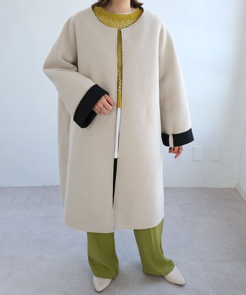 ANDJ(アンドジェイ)の「ビッグシルエットボンディングコート(ノーカラーコート・レディース・ベージュ系その他/ブラック・M)」の8枚目の写真