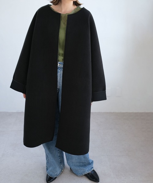 ANDJ(アンドジェイ)の「ビッグシルエットボンディングコート(ノーカラーコート・レディース・ベージュ系その他/ブラック・M)」の22枚目の写真