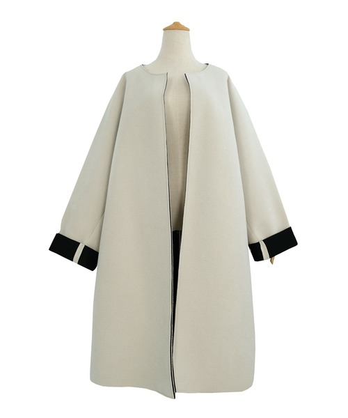 ANDJ(アンドジェイ)の「ビッグシルエットボンディングコート(ノーカラーコート・レディース・ベージュ系その他/ブラック・M)」の6枚目の写真