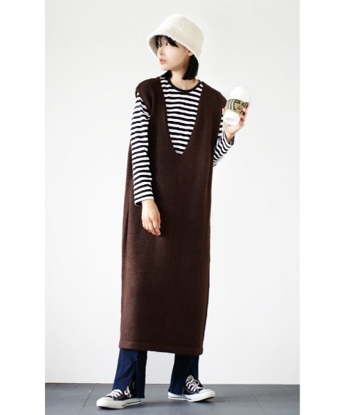 e-zakkamania stores（イーザッカマニアストアーズ）の「バックスリット ブークレーニット（ワンピース・レディース・ベージュ/ブラウン/杢グレー・M）」の7枚目の写真