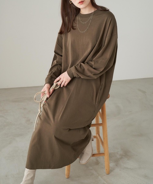 Chaco closet(チャコ クローゼット)の「サイドポケット付き コットンマキシ丈ロングワンピース(ワンピース・レディース・ベージュ/カーキ/イエロー/ネイビー/ライトベージュ/ブラック・FREE)」の5枚目の写真