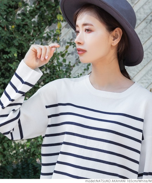 coca（coca）（コカ）の「【ユニセックス】ボーダーニットトップス（ニット/セーター・レディース・ホワイト/ブラック・M/L）」の10枚目の写真