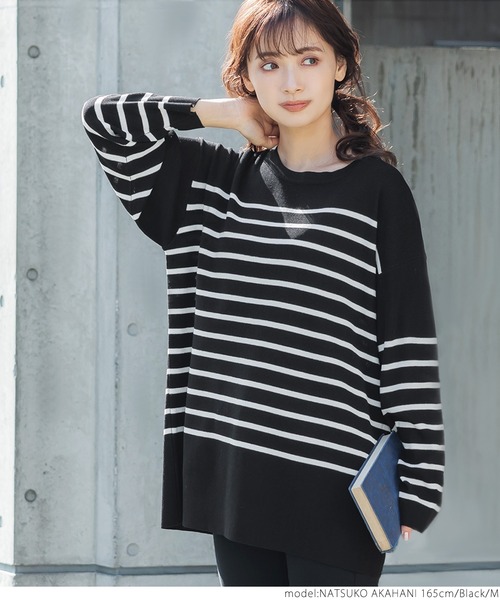 coca（coca）（コカ）の「【ユニセックス】ボーダーニットトップス（ニット/セーター・レディース・ホワイト/ブラック・M/L）」の3枚目の写真