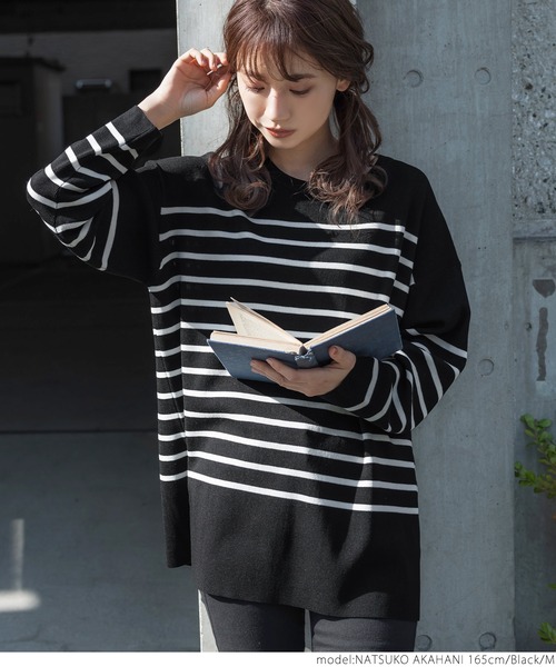 coca（coca）（コカ）の「【ユニセックス】ボーダーニットトップス（ニット/セーター・レディース・ホワイト/ブラック・M/L）」の9枚目の写真