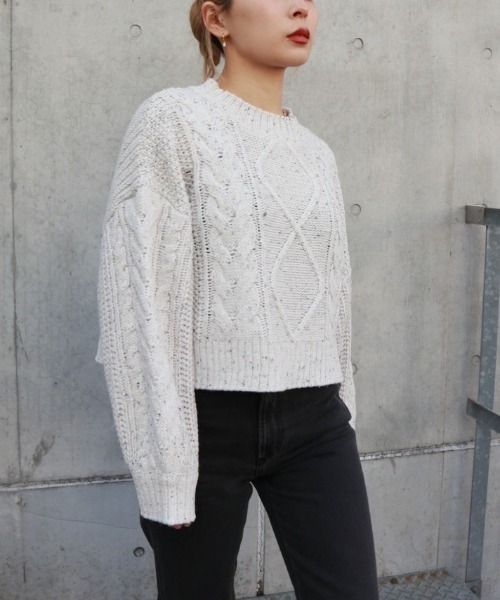 FIG&VIPER（フィグアンドバイパー）の「MIXケーブルクロップTOP（ニット/セーター・レディース・ホワイト/グレー・FREE）」の4枚目の写真