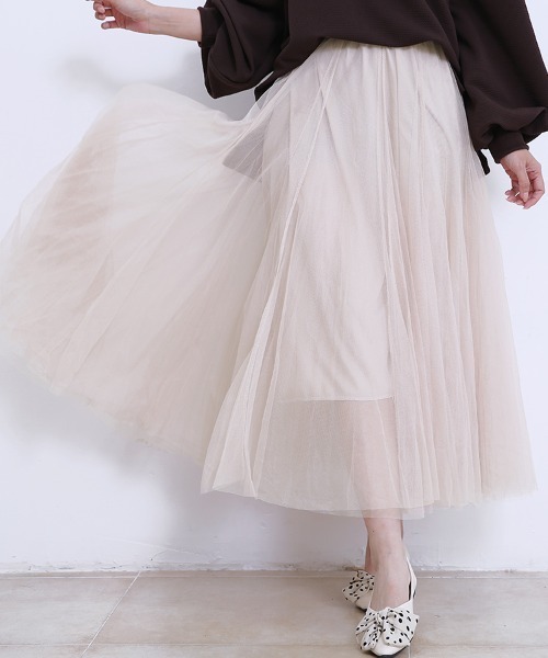 Doux Belle（ドゥーベル）の「2層チュールフレアスカート（スカート・レディース・ブラウン/グレー/ベージュ/ピンク/ブラック/ダークブラウン・FREE）」の5枚目の写真