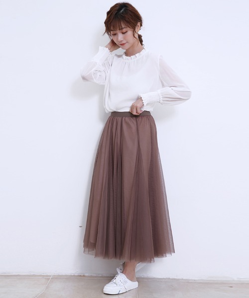 Doux Belle（ドゥーベル）の「2層チュールフレアスカート（スカート・レディース・ブラウン/グレー/ベージュ/ピンク/ブラック/ダークブラウン・FREE）」の9枚目の写真