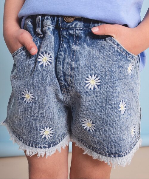 セール】フリンジデニムお花刺繍ショートパンツ（デニムパンツ