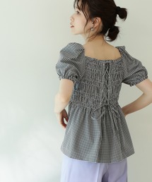 N.（N. Natural Beauty Basic）（エヌエヌナチュラルビューティーベーシック）の「◆ギンガムチェックレースアップシャーリング半袖ブラウス（シャツ/ブラウス・レディース）」