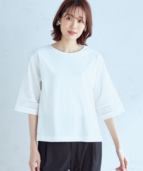 Petit Honfleur(プチオンフルール)の「レース切り替えプルオーバー(Tシャツ/カットソー・レディース・オレンジ/ホワイト/ブラック・L/M)」の2枚目の写真
