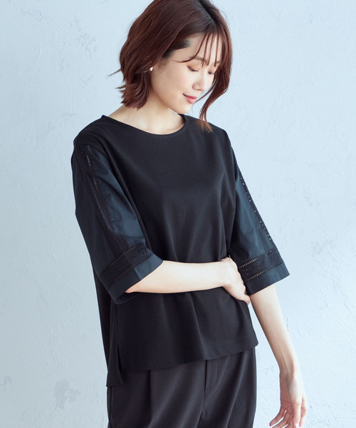 Petit Honfleur(プチオンフルール)の「レース切り替えプルオーバー(Tシャツ/カットソー・レディース・オレンジ/ホワイト/ブラック・L/M)」の3枚目の写真