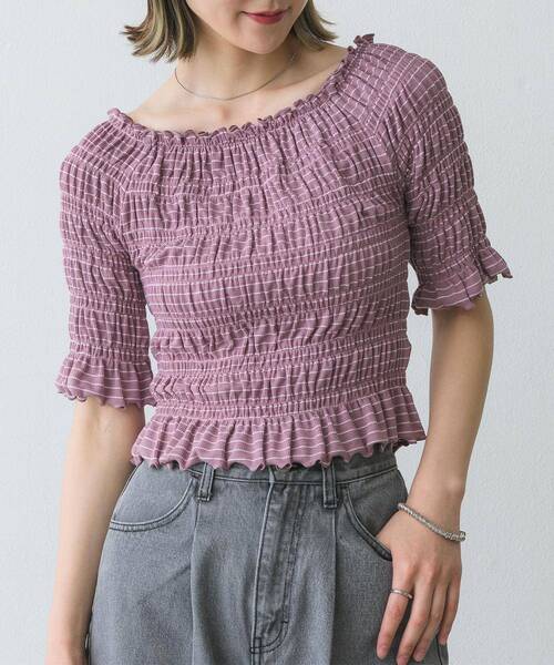 RETRO GIRL(レトロガール)の「シャーリングトップス(Tシャツ/カットソー・レディース・ブラック/パープル/オフホワイト/グリーン・FREE)」の4枚目の写真