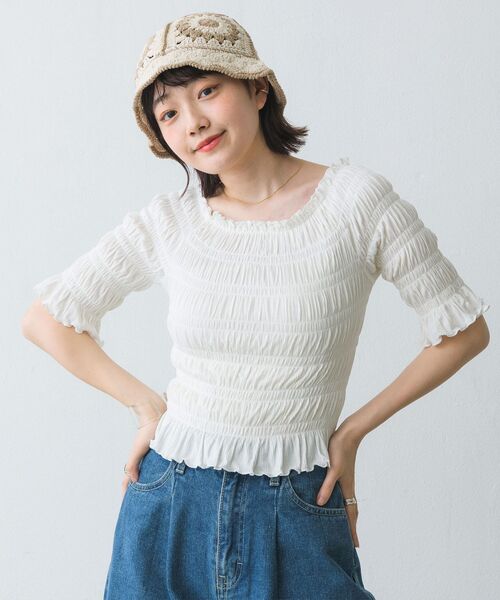 RETRO GIRL(レトロガール)の「シャーリングトップス(Tシャツ/カットソー・レディース・ブラック/パープル/オフホワイト/グリーン・FREE)」の9枚目の写真