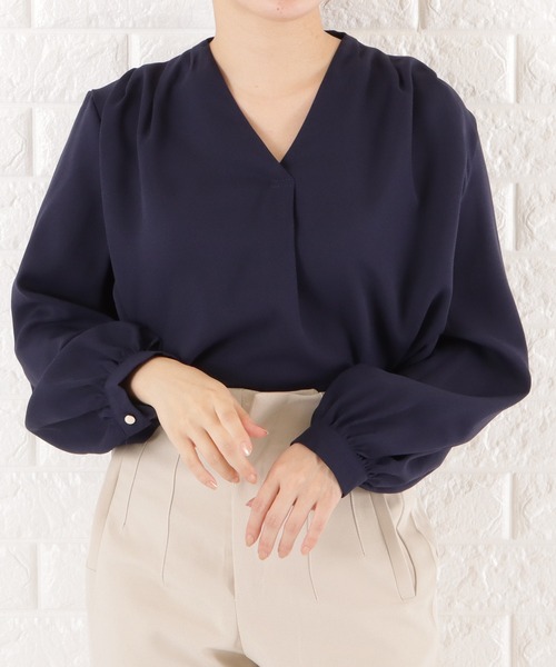Lace Ladies(レースレディース)の「Vネック七分袖ジョーゼットブラウス(シャツ/ブラウス・レディース・ピンク/ネイビー/グレー/ホワイト/ブラック・L/S/M/XL)」の4枚目の写真