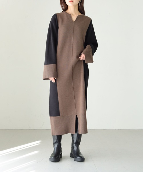 cheriella(シェリエラ)の「【cheriella】WEB限定配色キーネックワンピース(ワンピース・レディース・ブラウン/ブラック・M)」の3枚目の写真