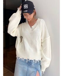 GYDA | ダメージショートVネックニットトップス(ニット/セーター)