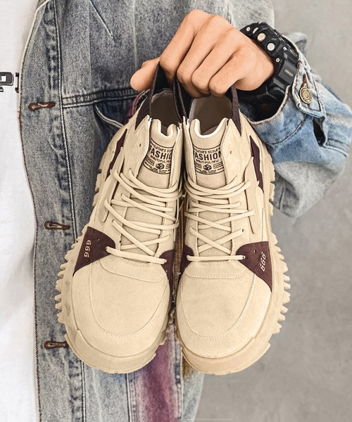 aimoha（アイモハ）の「ハイソール厚底レースアップハイカットスニーカー（スニーカー・メンズ・ブラック/ベージュ・25.5cm/26.5cm/24.5cm/25.0cm/26.0cm）」の5枚目の写真