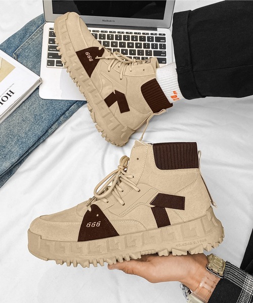 aimoha（アイモハ）の「ハイソール厚底レースアップハイカットスニーカー（スニーカー・メンズ・ブラック/ベージュ・25.5cm/26.5cm/24.5cm/25.0cm/26.0cm）」の6枚目の写真