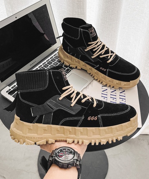 aimoha（アイモハ）の「ハイソール厚底レースアップハイカットスニーカー（スニーカー・メンズ・ブラック/ベージュ・25.5cm/26.5cm/24.5cm/25.0cm/26.0cm）」の7枚目の写真