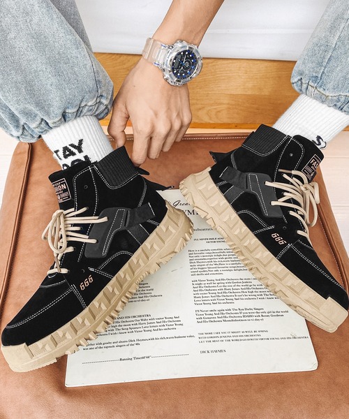 aimoha（アイモハ）の「ハイソール厚底レースアップハイカットスニーカー（スニーカー・メンズ・ブラック/ベージュ・25.5cm/26.5cm/24.5cm/25.0cm/26.0cm）」の15枚目の写真