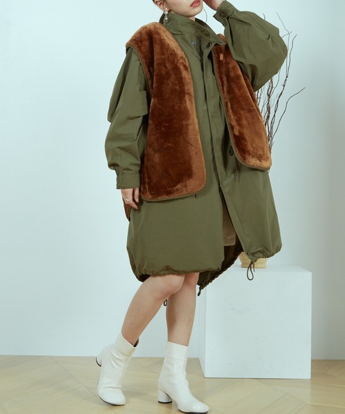 paravion（パラビオン）の「フィッシュテールモッズコート＆フェイクファーベストセット（モッズコート・レディース・カーキブラウン/ダークブラウン・FREE）」の9枚目の写真