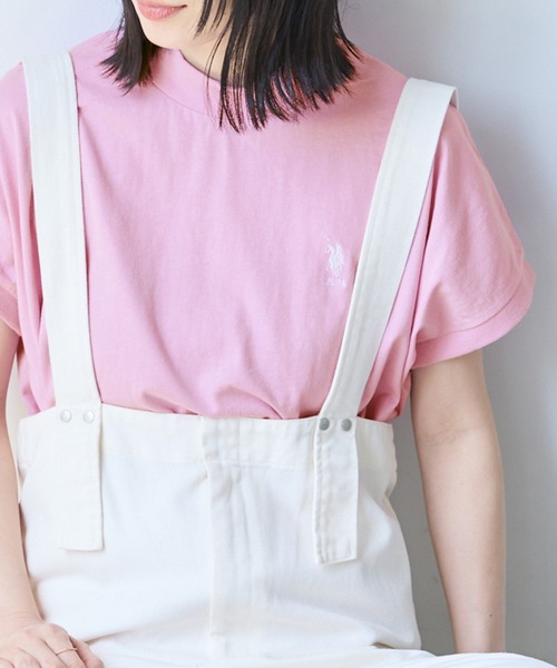 U.S. POLO ASSN.（ユーエスポロアッスン）の「U.S. POLO ASSN. /ユーエスポロアッスン 別注ワンポイント刺繍 モックネックフレンチスリーブTシャツ（Tシャツ/カットソー・レディース・ブラック/アイボリー系/ホワイト/ピンク/グリーン/ブラック×ホワイト/ベージュ/ネイビー・FREE）」の8枚目の写真