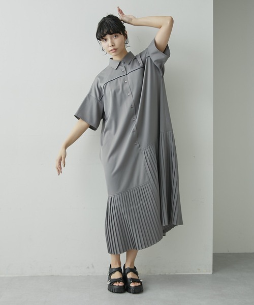 SUM1 STYLE スミスタイル ランダムアンダープリーツワンピース 動画あり》半袖ランダムアンダープリーツワンピース【SUM1 STYLE