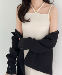 バックスリットIラインダブルストラップリブキャミワンピ―ス