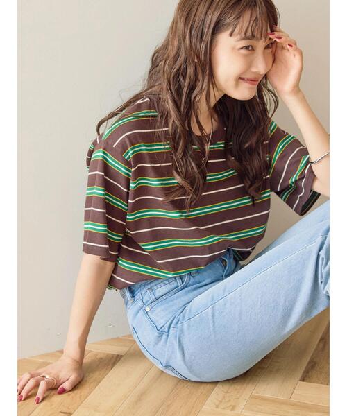 AMERICAN HOLIC(アメリカンホリック)の「半袖マルチボーダーカットプルオーバー(Tシャツ/カットソー・レディース・アイボリー/ブラウン・M/L)」の6枚目の写真