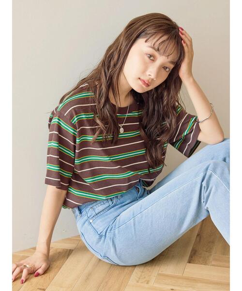 AMERICAN HOLIC(アメリカンホリック)の「半袖マルチボーダーカットプルオーバー(Tシャツ/カットソー・レディース・アイボリー/ブラウン・M/L)」の7枚目の写真