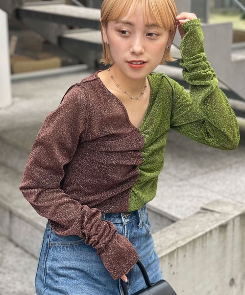 CIAOPANIC(チャオパニック)の「2WAY配色ラメシャーリングトップス(Tシャツ/カットソー・レディース・ブルー/グリーン/ピンク・FREE)」の8枚目の写真