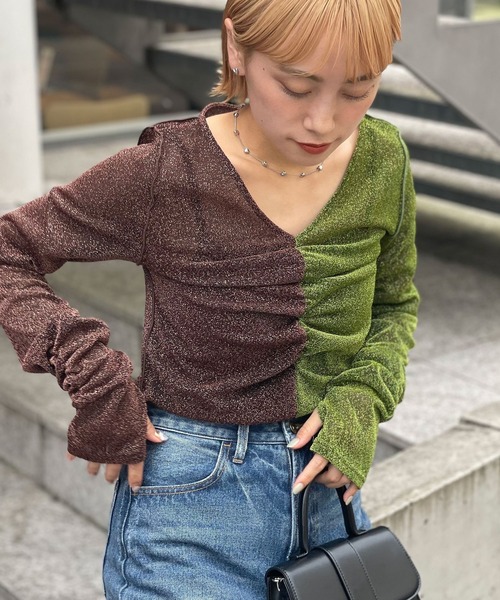 CIAOPANIC(チャオパニック)の「2WAY配色ラメシャーリングトップス(Tシャツ/カットソー・レディース・ブルー/グリーン/ピンク・FREE)」の9枚目の写真