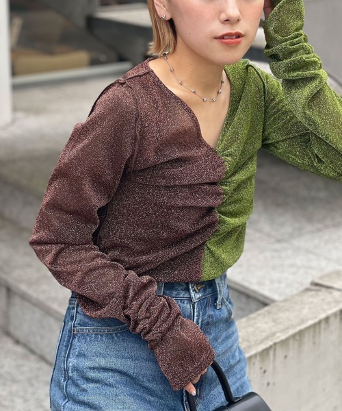 CIAOPANIC(チャオパニック)の「2WAY配色ラメシャーリングトップス(Tシャツ/カットソー・レディース・ブルー/グリーン/ピンク・FREE)」の10枚目の写真