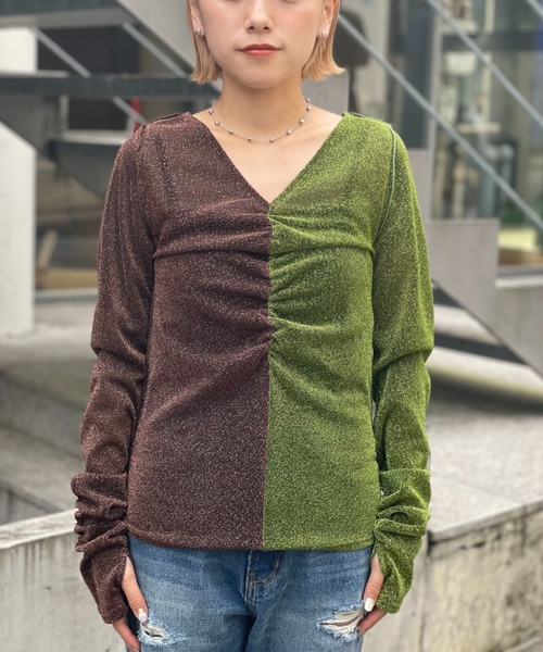 CIAOPANIC(チャオパニック)の「2WAY配色ラメシャーリングトップス(Tシャツ/カットソー・レディース・ブルー/グリーン/ピンク・FREE)」の12枚目の写真