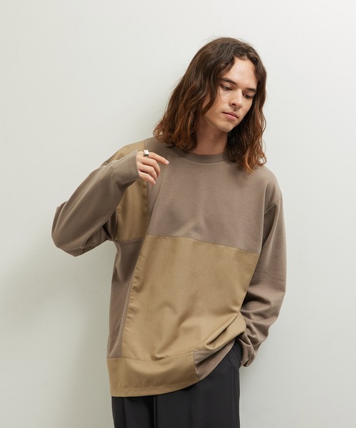 JUNRED(ジュンレッド)の「異素材ブロック切り替えロンT(Tシャツ/カットソー・メンズ・ベージュ系その他/ネイビー/ダークグリーン・M/LL/L)」の1枚目の写真