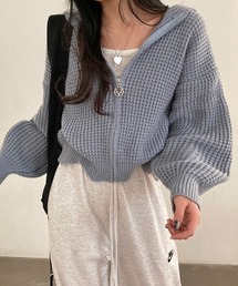 ふわふわのワッフル編みニットパーカーカーディガン