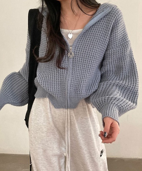 VIVID LADY(ビビッドレディー)の「ふわふわのワッフル編みニットパーカーカーディガン(カーディガン/ボレロ・レディース・スカイブルー/ブラウン/アイボリー/ピンク・FREE)」の2枚目の写真