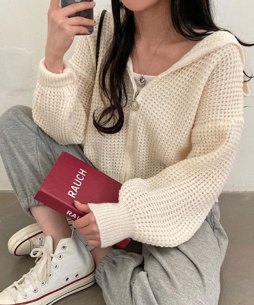 VIVID LADY(ビビッドレディー)の「ふわふわのワッフル編みニットパーカーカーディガン(カーディガン/ボレロ・レディース・スカイブルー/ブラウン/アイボリー/ピンク・FREE)」の5枚目の写真