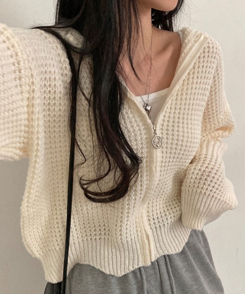 VIVID LADY(ビビッドレディー)の「ふわふわのワッフル編みニットパーカーカーディガン(カーディガン/ボレロ・レディース・スカイブルー/ブラウン/アイボリー/ピンク・FREE)」の7枚目の写真