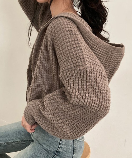VIVID LADY(ビビッドレディー)の「ふわふわのワッフル編みニットパーカーカーディガン(カーディガン/ボレロ・レディース・スカイブルー/ブラウン/アイボリー/ピンク・FREE)」の10枚目の写真