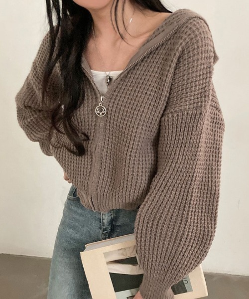 VIVID LADY(ビビッドレディー)の「ふわふわのワッフル編みニットパーカーカーディガン(カーディガン/ボレロ・レディース・スカイブルー/ブラウン/アイボリー/ピンク・FREE)」の12枚目の写真